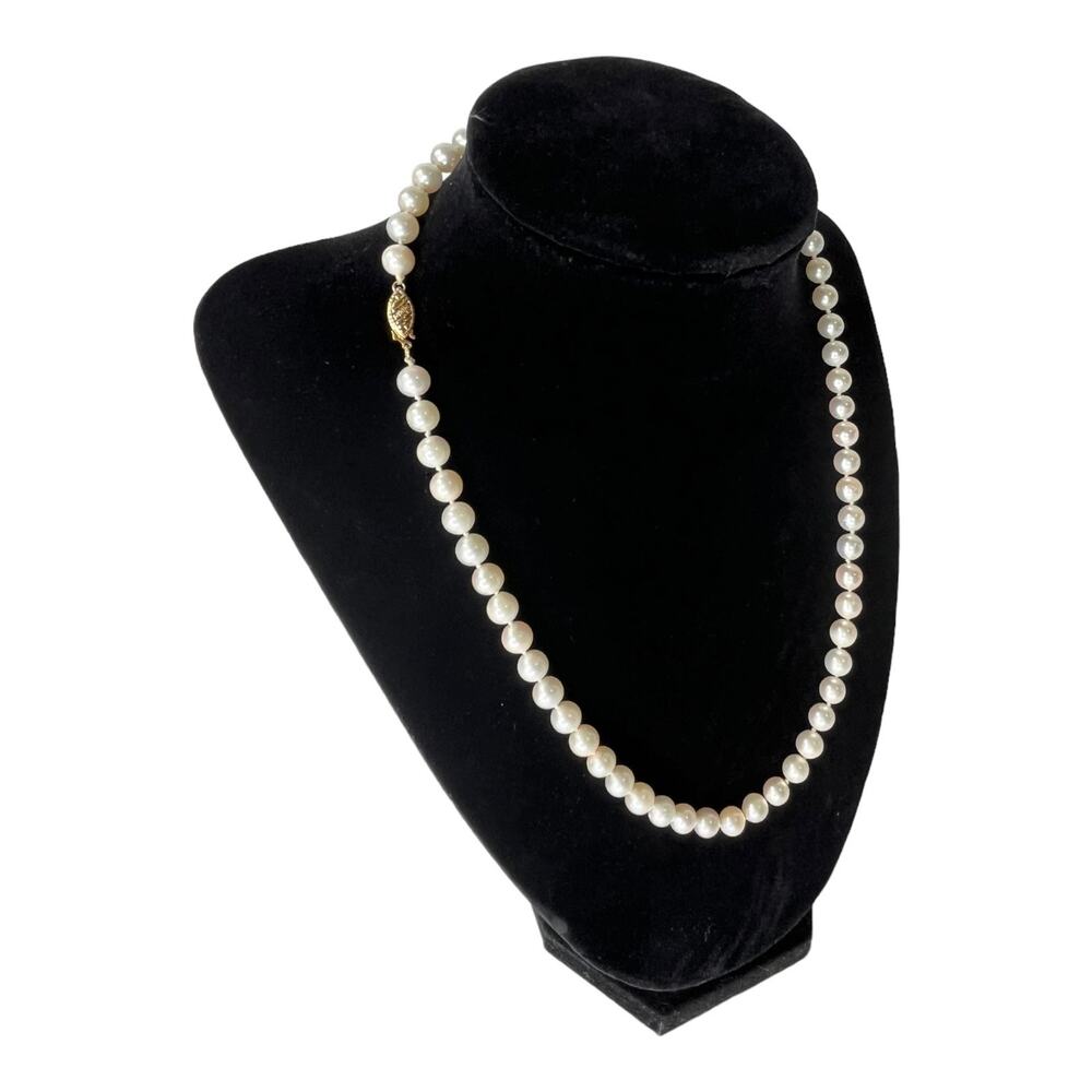 Cultured Pearl Necklace 18" Knotted 62 Pearls 7mm 14K Gold Clasp Appraisal Vtg